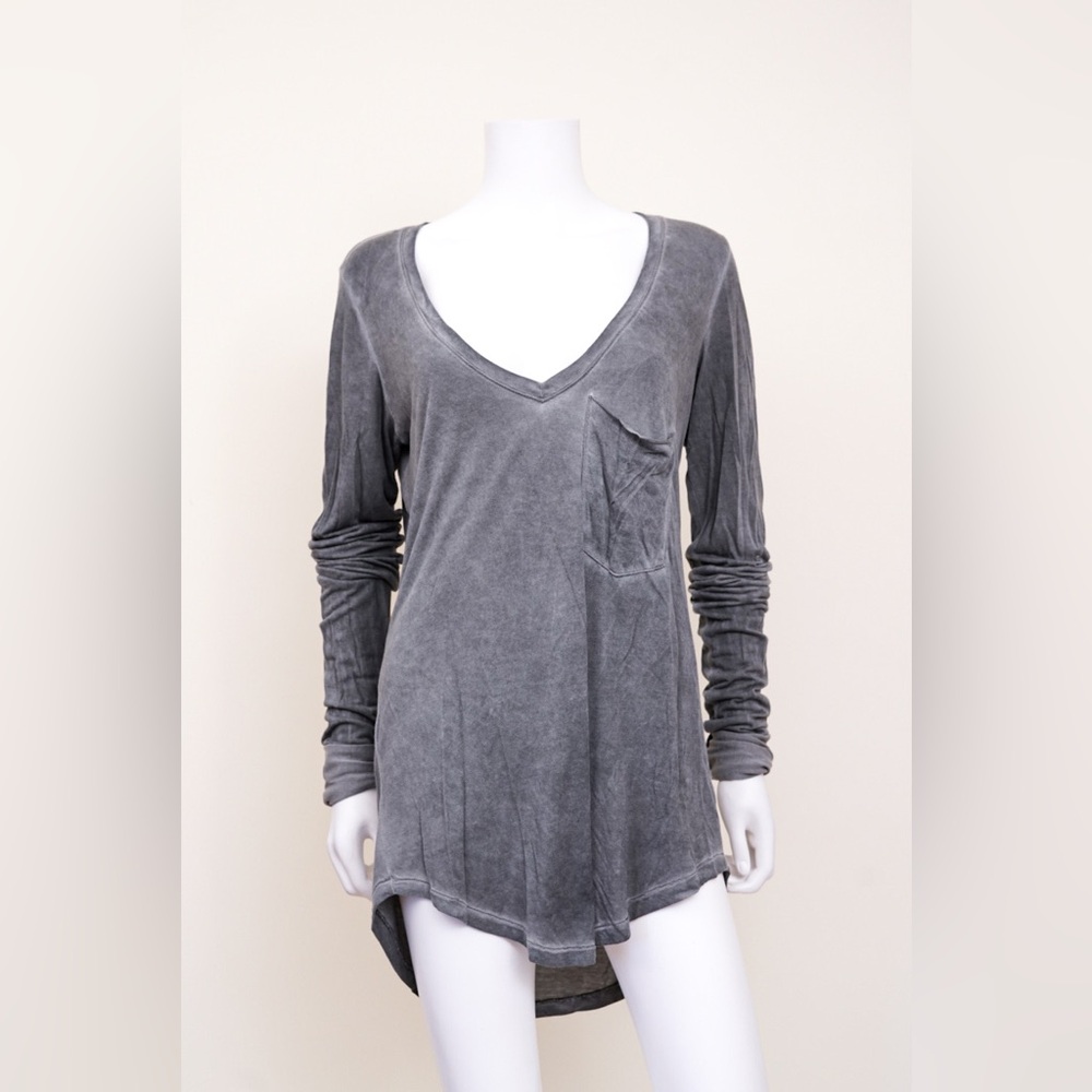 GM STUDIO L.A. GREY WASHED HIGH LOW POCKET TEE LS SHIRT SZ LARGE